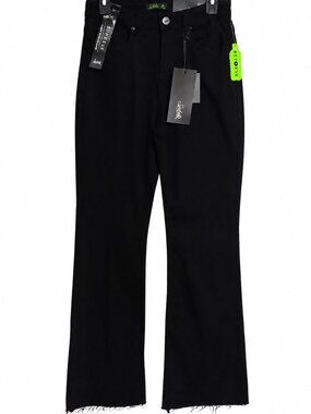 NWT size 9 black jeans "High Rise Flare" pants, frayed hem. Casual. Distressed